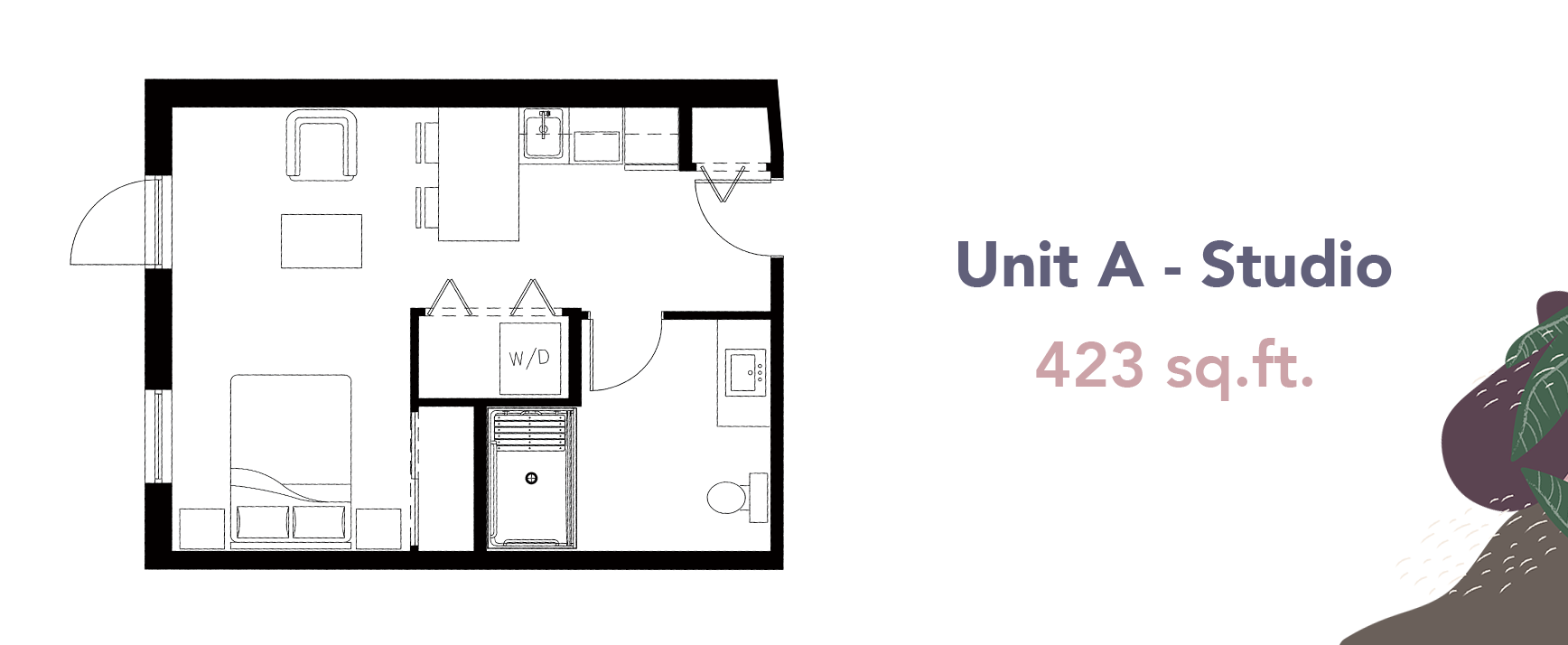 The floor plan of a Wisteria Place studio suite