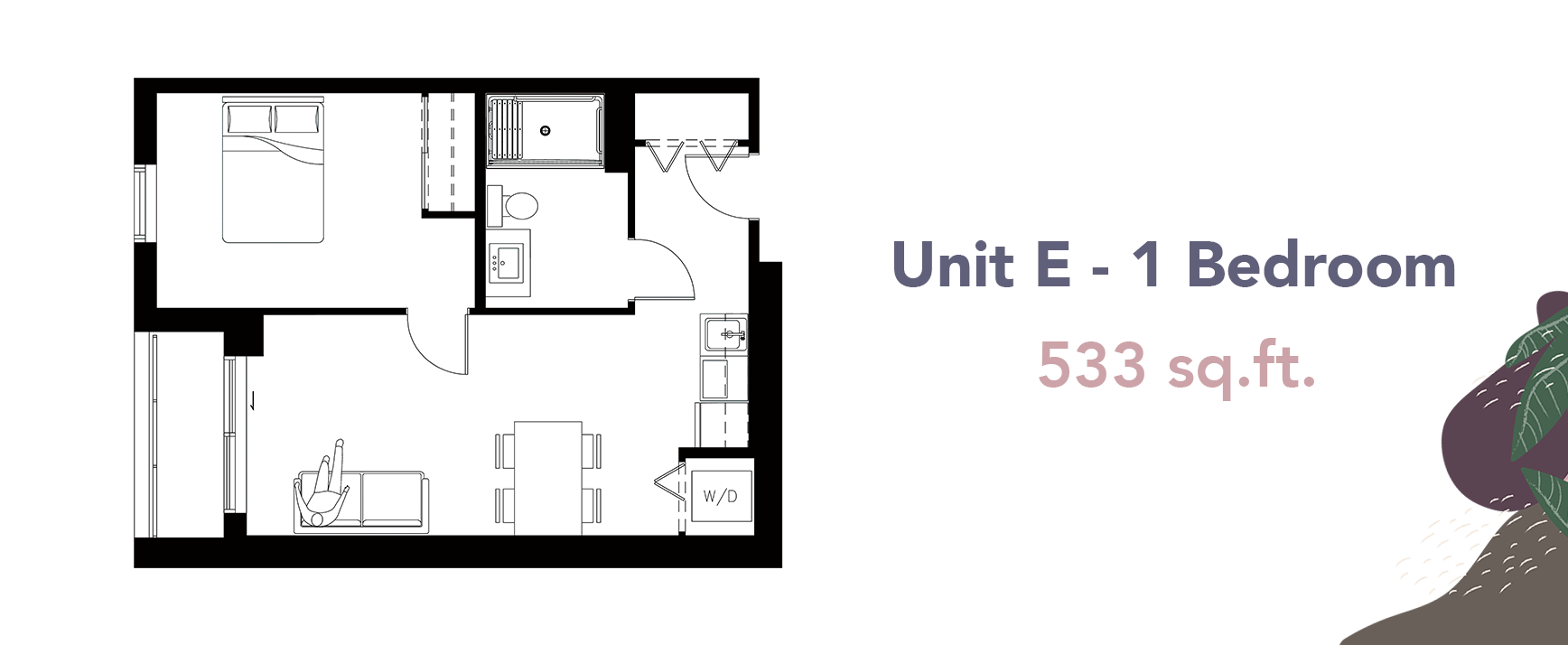 The floor plan of a Wisteria Place one bedroom suite