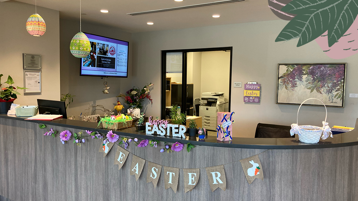 Front desk decorated for Easter in a senior living community