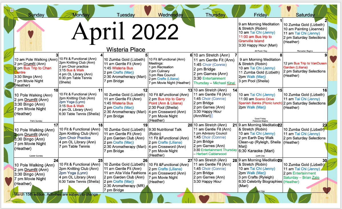 April 2022 Wisteria place retirement home calendar