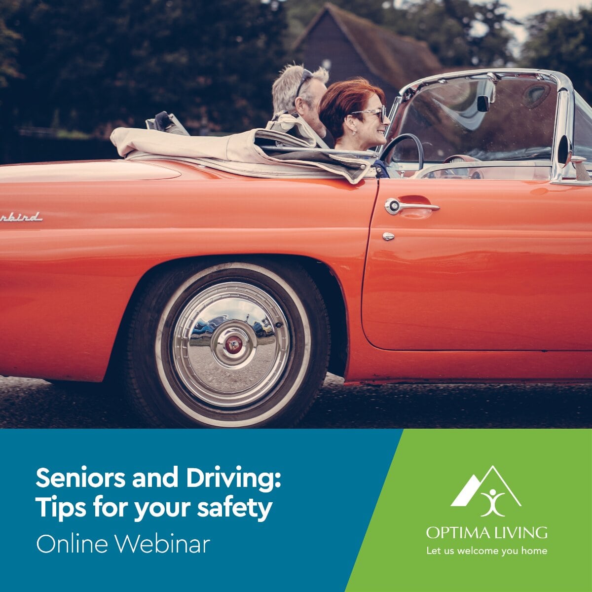 An elderly couple in a red car, seniors and driving webinar by Optima Living senior homes