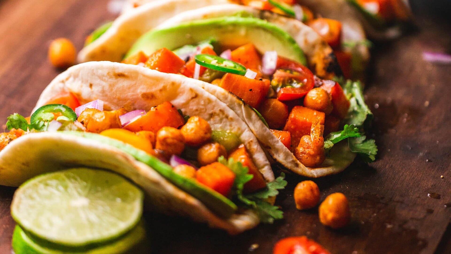 A photo of chickpea and vegetable tacos