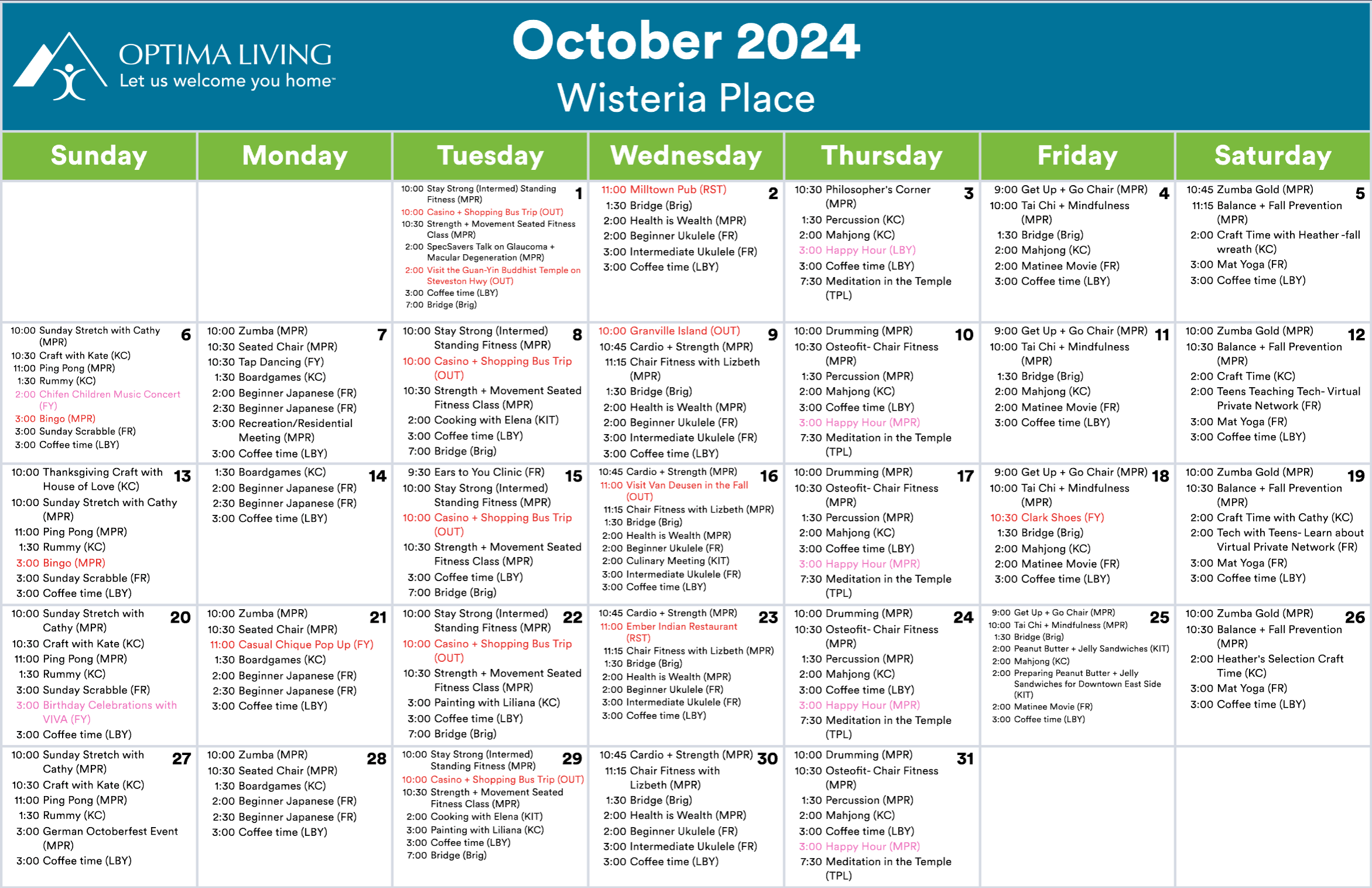 Wisteria Place October 2024 event calendar