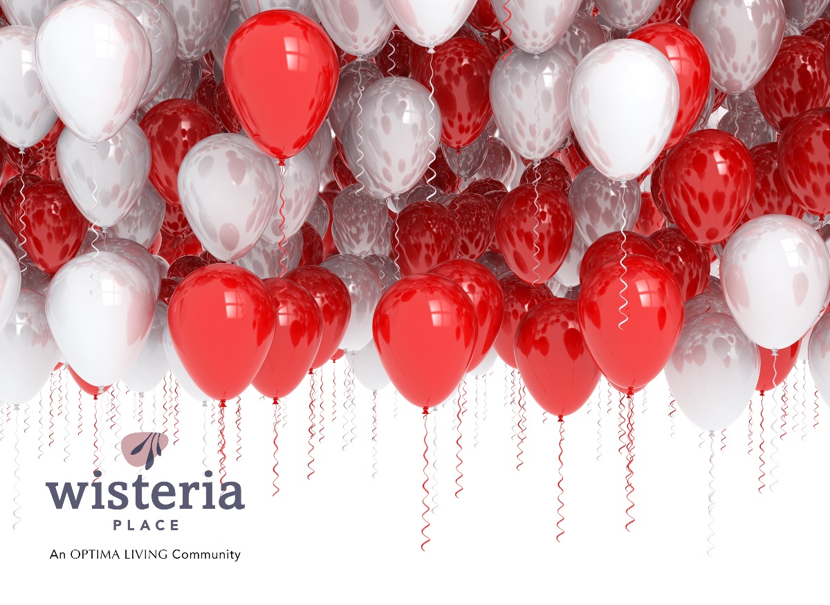 Wisteria place senior home logo with red and white balloons