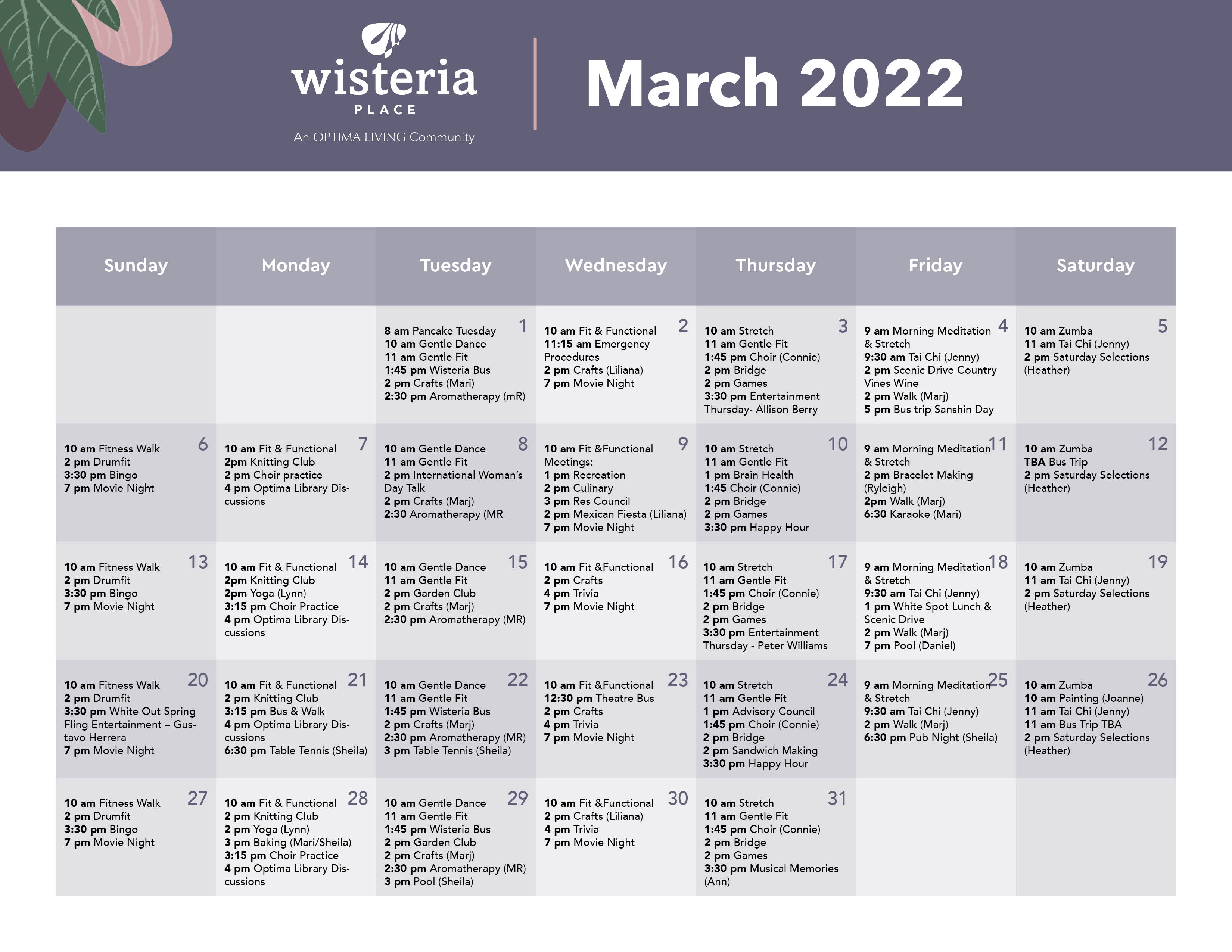 March 2022 event sheet in Wisteria Place senior living