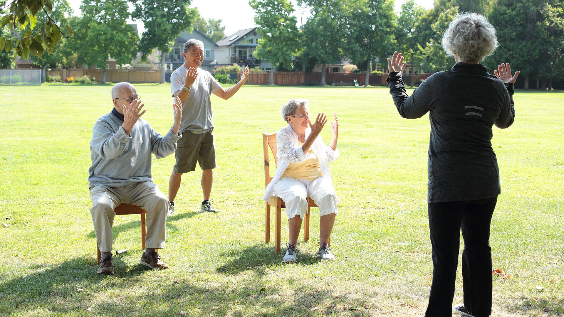 A group of seniors practicing tai chi in a green field